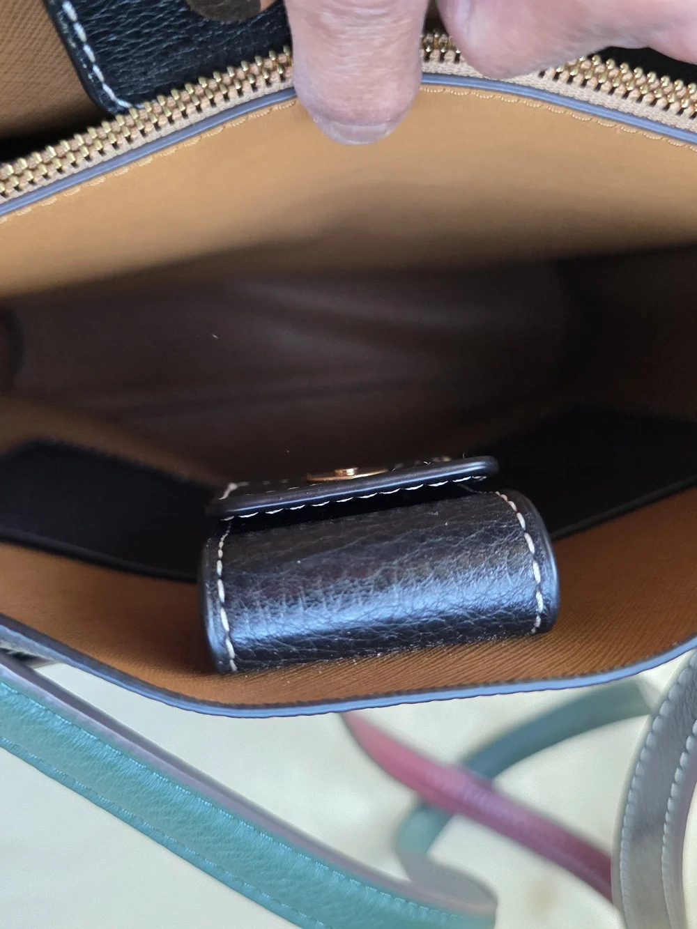 Tory Burch Black Leather Crossbody Bucket Bag with Multicolor Strap